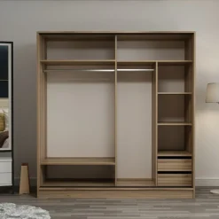 Garderob med spegeldörr, 220x52x210 cm - Brun/vit