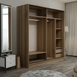 Garderob med spegeldörr, 220x52x210 cm - Brun/vit