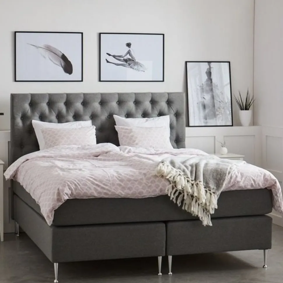 Grå kontinentalsäng - komplett sängpaket med 7-zons Pocket / Pocket + Möbeltassar