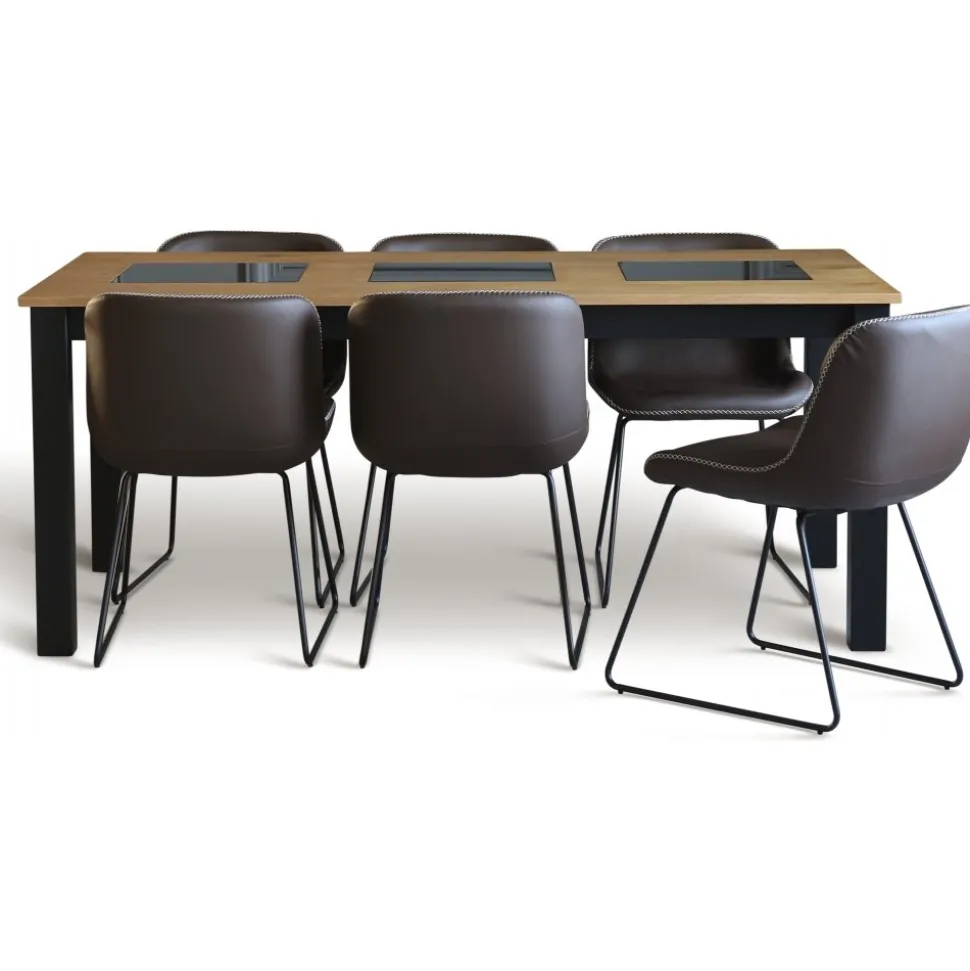 Granit matgrupp; Bord 180x90 cm Ek/Svart med 6 st Texas matstolar brun PU