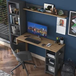 Hanna skrivbord med hyllsystem 16, 160 x 45 cm - Valnöt/antracit