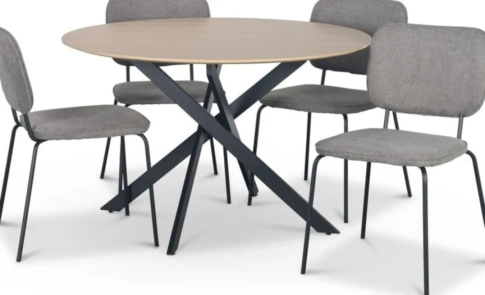 Hogrän matgrupp Ø120 cm bord i ljust trä + 4 st Lokrume grå stolar + 4.00 x Stolsdyna