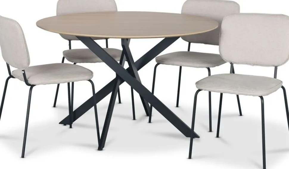 Hogrän matgrupp Ø120 cm bord i ljust trä + 4 st Lokrume beige stolar