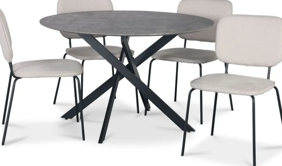 Hogrän matgrupp Ø120 cm bord i betongimitation + 4 st Lokrume beige stolar + 4.00 x Stolsdyna