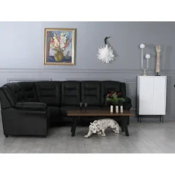 Hörnsoffa svart konstläder 5-sits - Peking + Textilrengöring för möbler