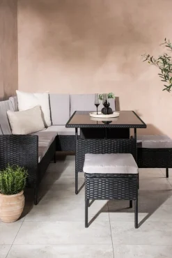 Knock hörnsoffgrupp - Svart/grå + Textilskydd för utemöbler