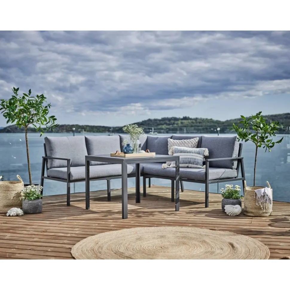 Loungegrupp i aluminium med grå dynor - Melo + Textilrengöring för möbler