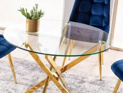 Matbord med glasskiva Ø90 cm guldiga bordsben