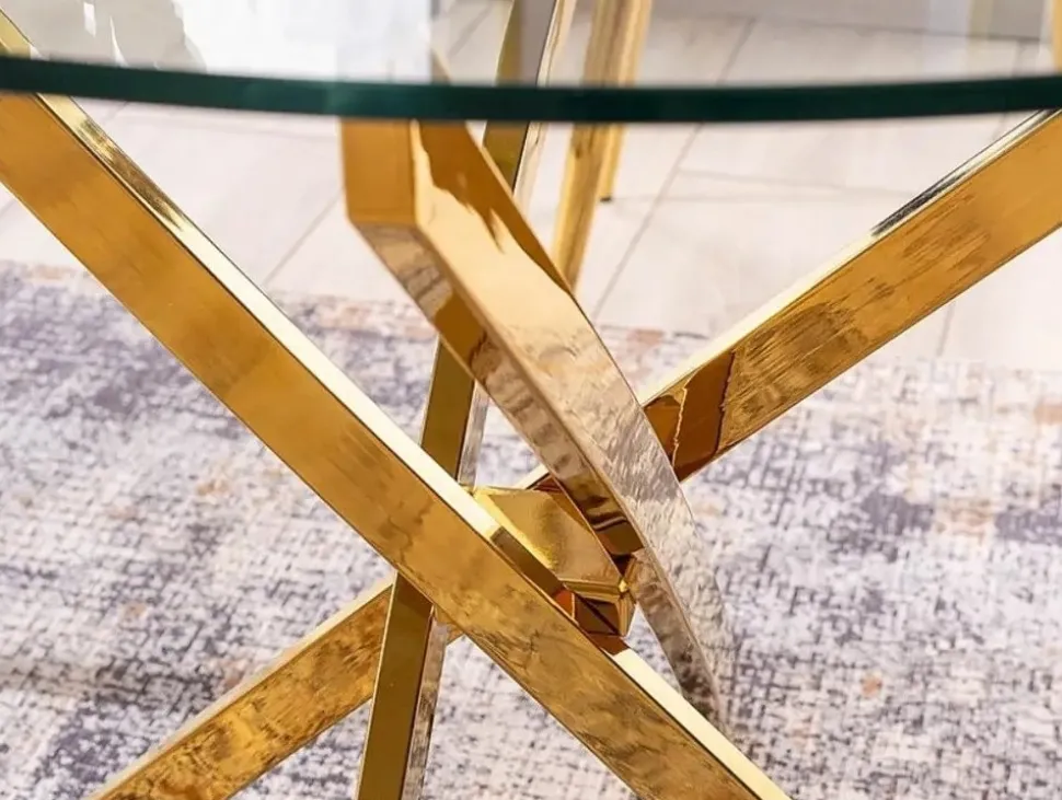 Matbord med glasskiva Ø90 cm guldiga bordsben + Möbeltassar