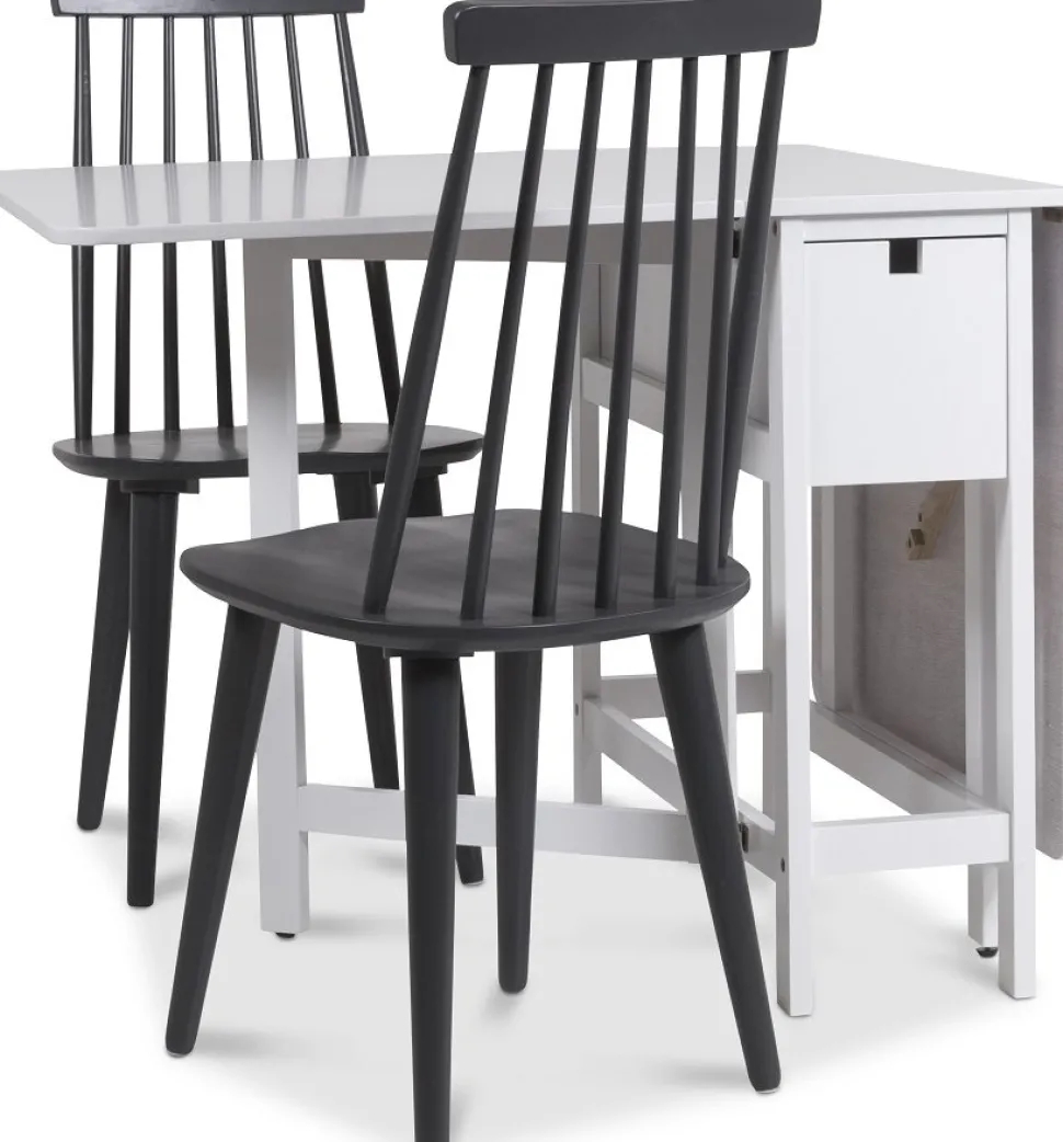 Matgrupp - Klaffbord med 2 grå pinnstolar + 2.00 x Möbeltassar