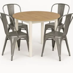 Matgrupp Berivan Ø102142 cm ek/vit med 4 st Industry stolar i borstat stål