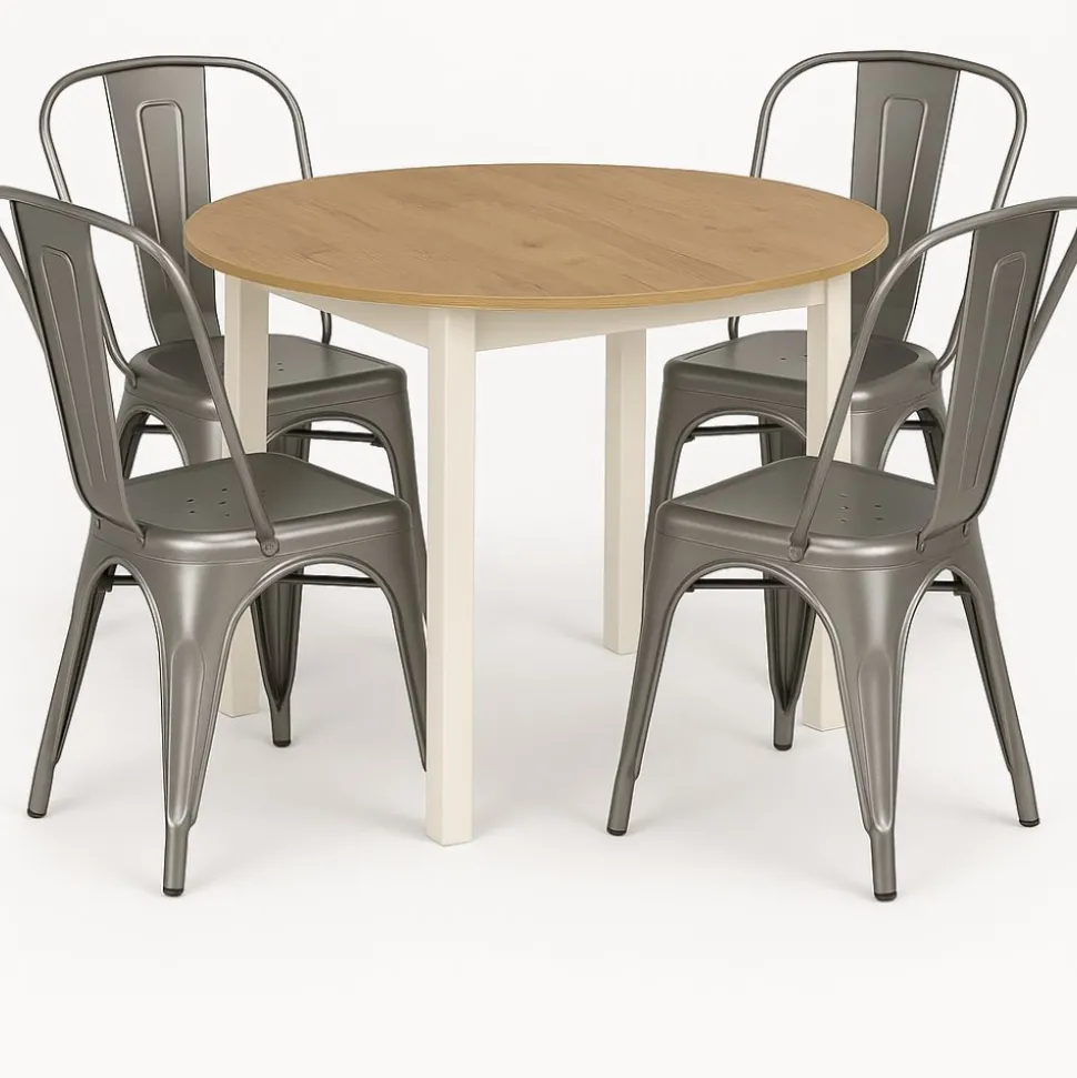 Matgrupp Berivan Ø102142 cm ek/vit med 4 st Industry stolar i borstat stål