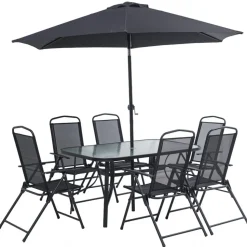 Matgrupp; bord med 6 st positionsstolar och parasoll