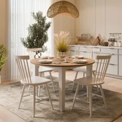Matgrupp: Dalarös runt matbord vit / oljad ek inklusive 4 st Karl pinnstolar + 3.00 x Möbeltassar
