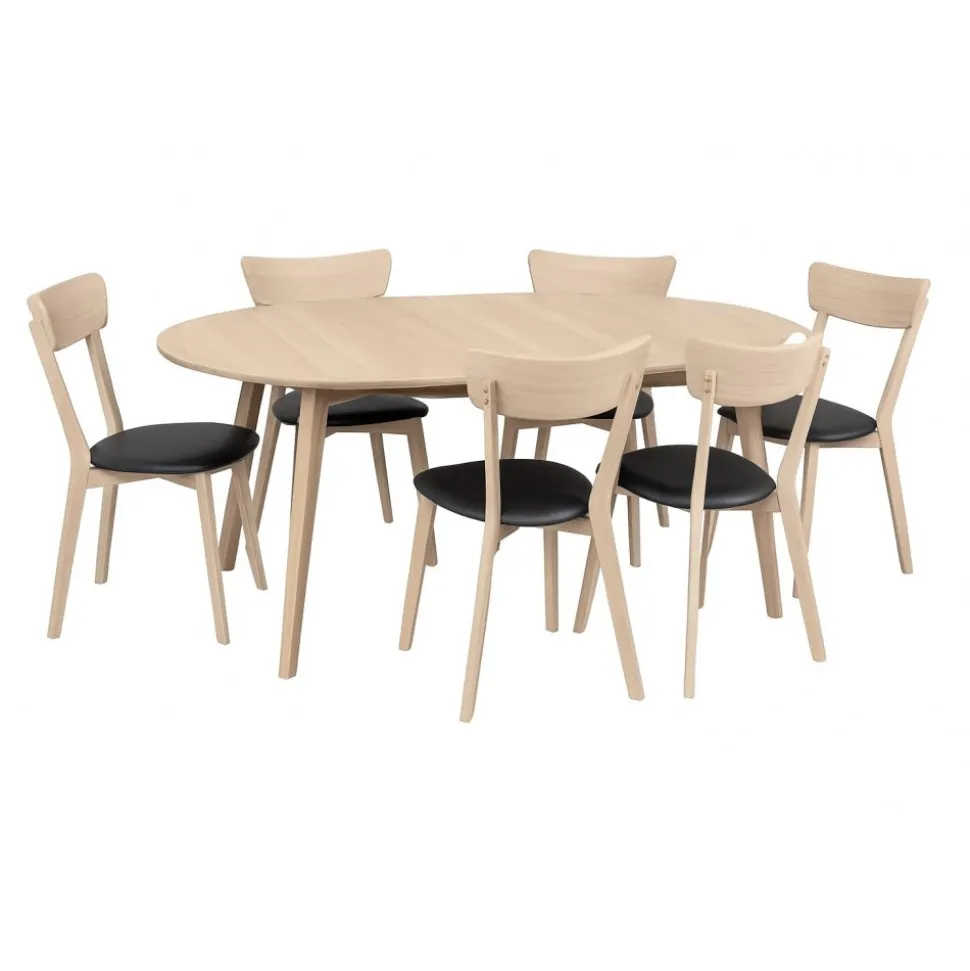 Matgrupp Genova matbord 110-160 cm inkl 6 st Amino stolar - Vitpigmenterad/svart ecoläder + 4.00 x Möbeltassar