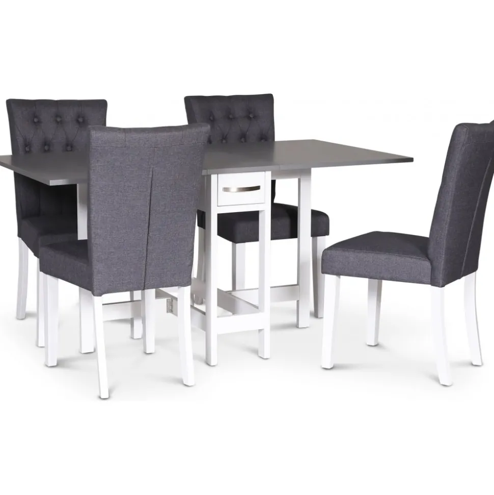 Matgrupp; klaffbord Vit / Grå med 4 st klädda stolar - Fårö + 4.00 x Stolsdyna