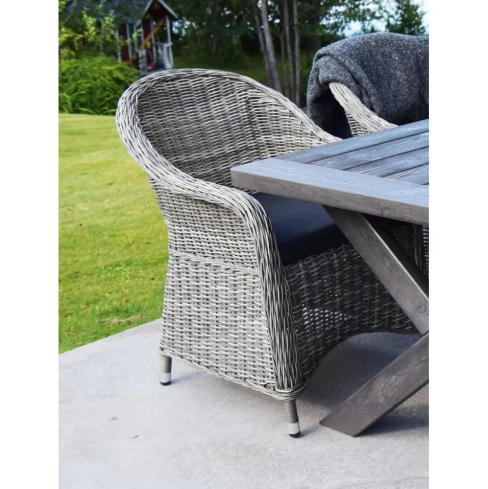 Matgrupp Mercury: Oxford bord inklusive 6 st Mercury fåtöljer i konstrotting + Textilrengöring för möbler