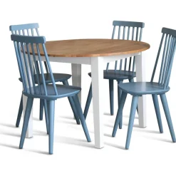 Matgrupp: Runt bord i Ek / Vit med 4 st duvblåa Pinnstolar