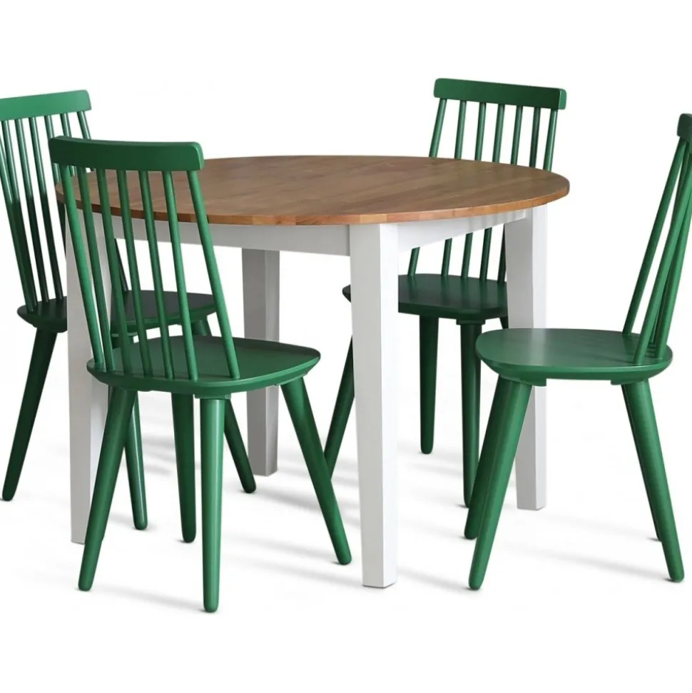 Matgrupp: Runt bord i Ek / Vit med 4 st gröna Pinnstolar