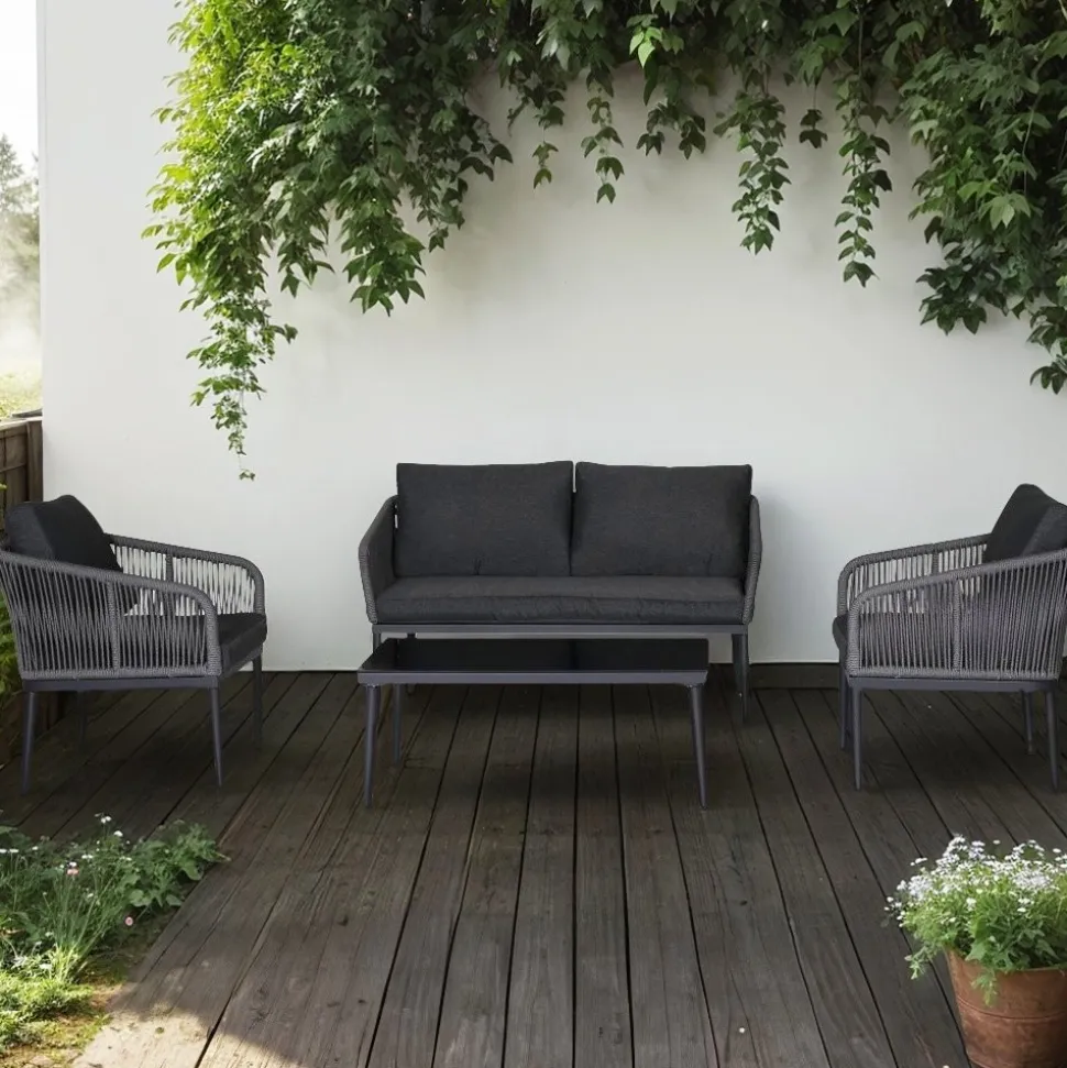 Molde loungegrupp med bord - Svart/grå rep + Textilrengöring för möbler