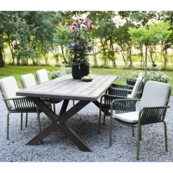 Oxford utematgrupp; brunsyrat bord 220 cm inkl 6 st Lincoln stapelbara karmstolar grön/beige