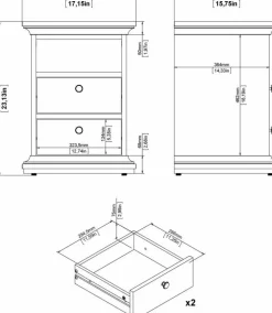 Paris smalt sängbord med 2 lådor och 1 öppet fack - Vit
