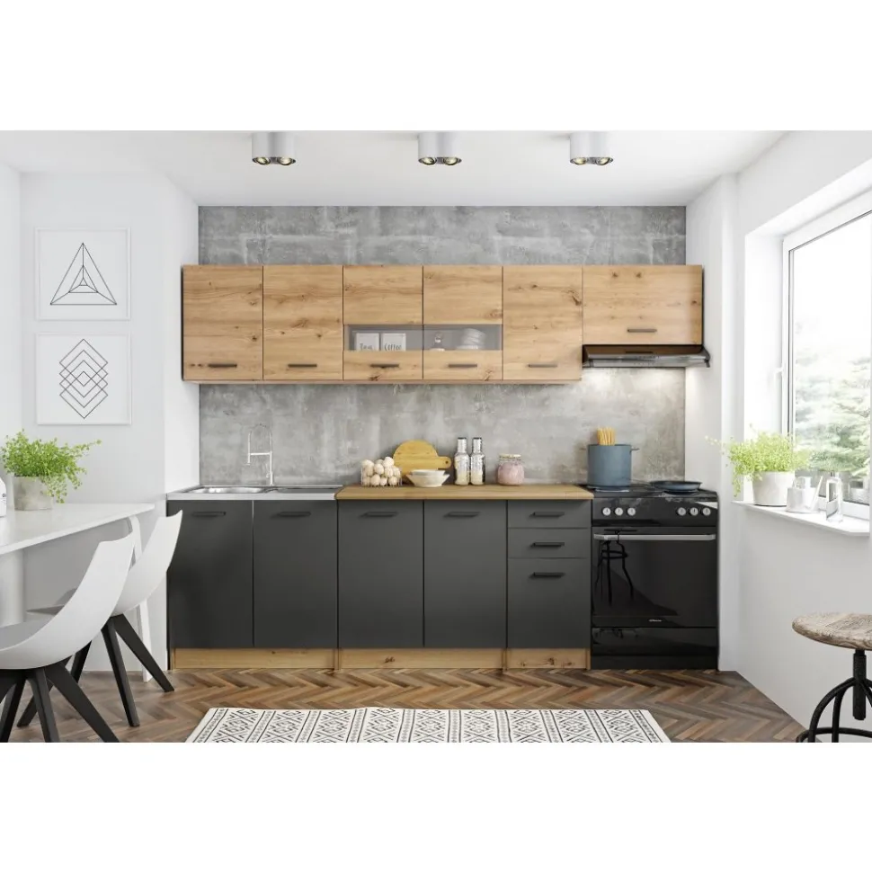 Perla komplett kök 260 cm - Artisan ek/matt mörkgrå/wotan ek