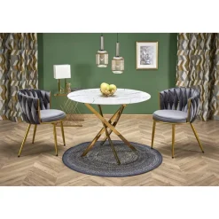 Raymond matbord Ø100 cm - Vit marmor/guld