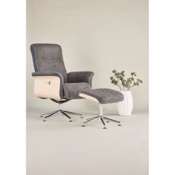 Reclinerfåtölj med fotpall - Grå fårskinnsimitation/whitewash ek