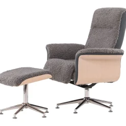 Reclinerfåtölj med fotpall - Grå fårskinnsimitation/whitewash ek