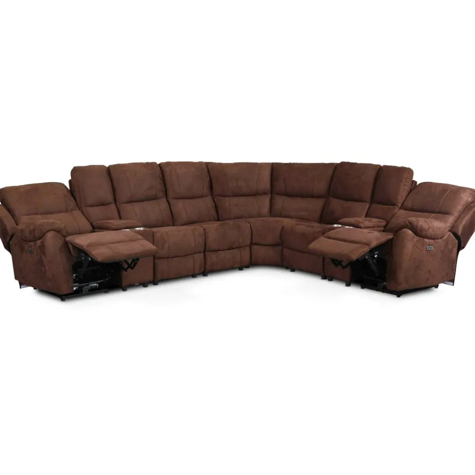 Reclinersoffa deluxe - 6-sits el-styrning - Brunt microfibertyg