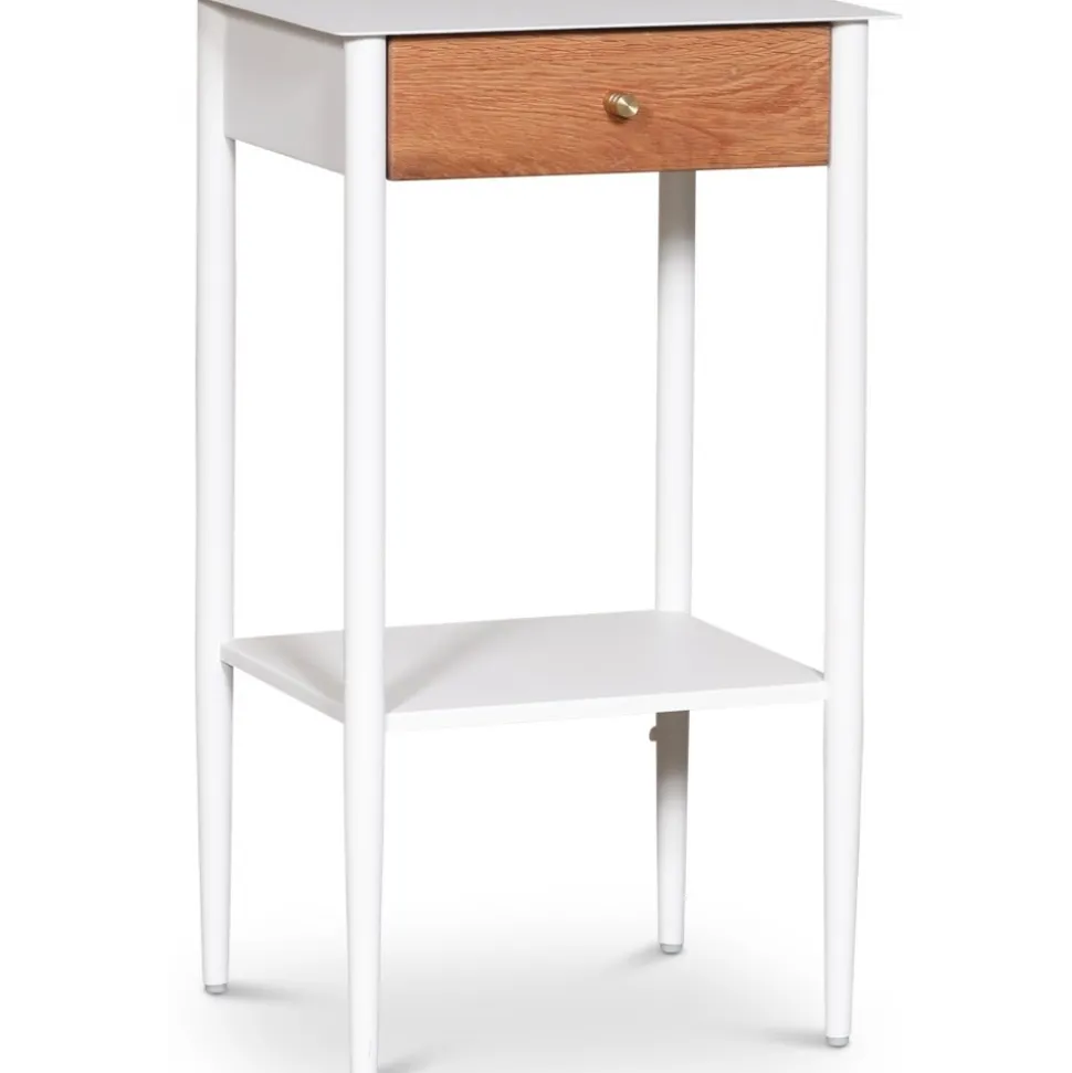 Revel vitt sängbord med ek-låda + Möbeltassar