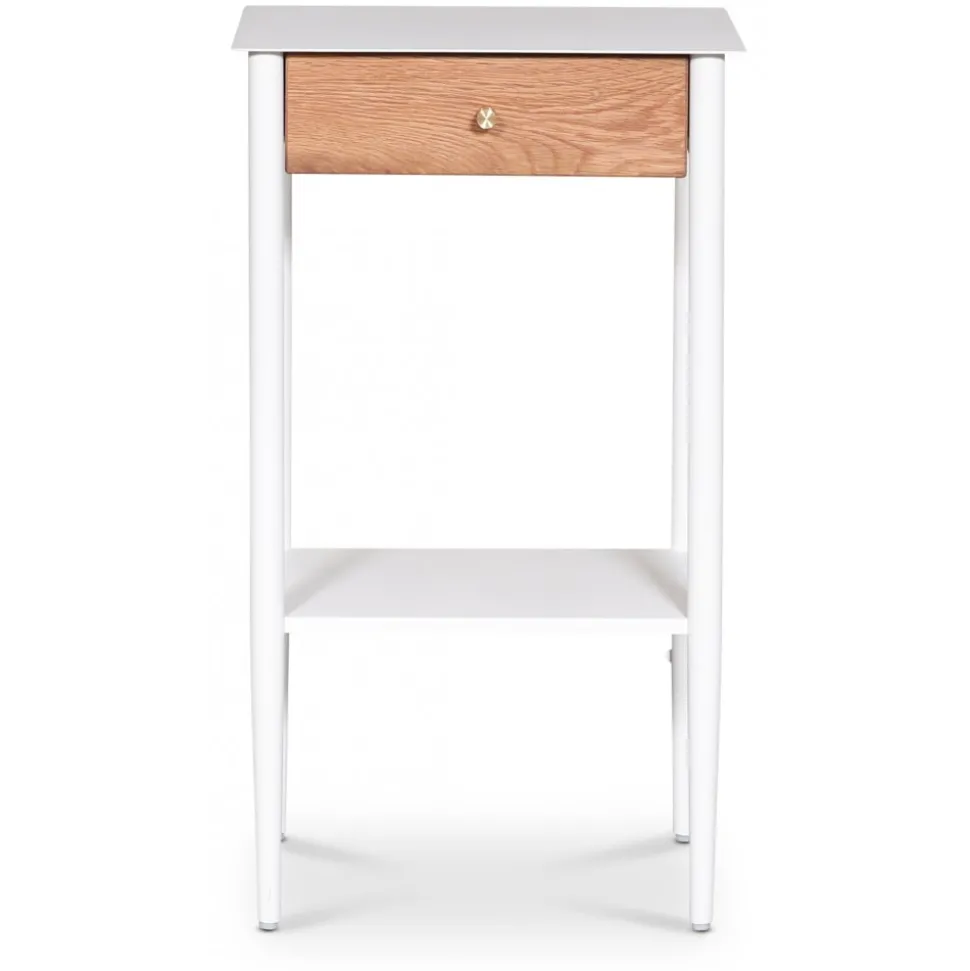 Revel vitt sängbord med ek-låda + Möbeltassar