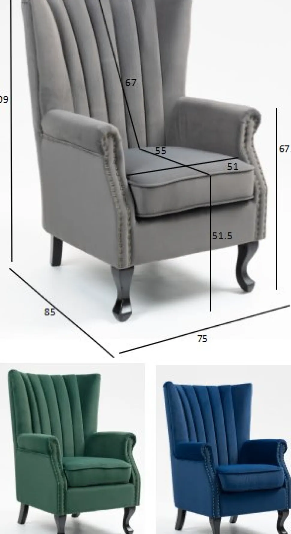 Öronlappsfåtölj i blått sammet