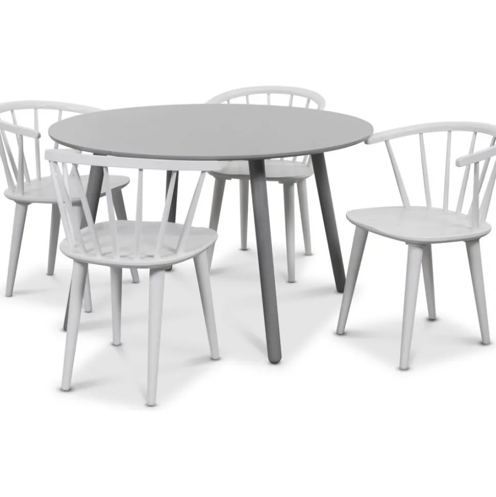 Rosvik matgrupp grått runt bord med 4 st vita Dalsland Pinnstolar + 3.00 x Möbeltassar