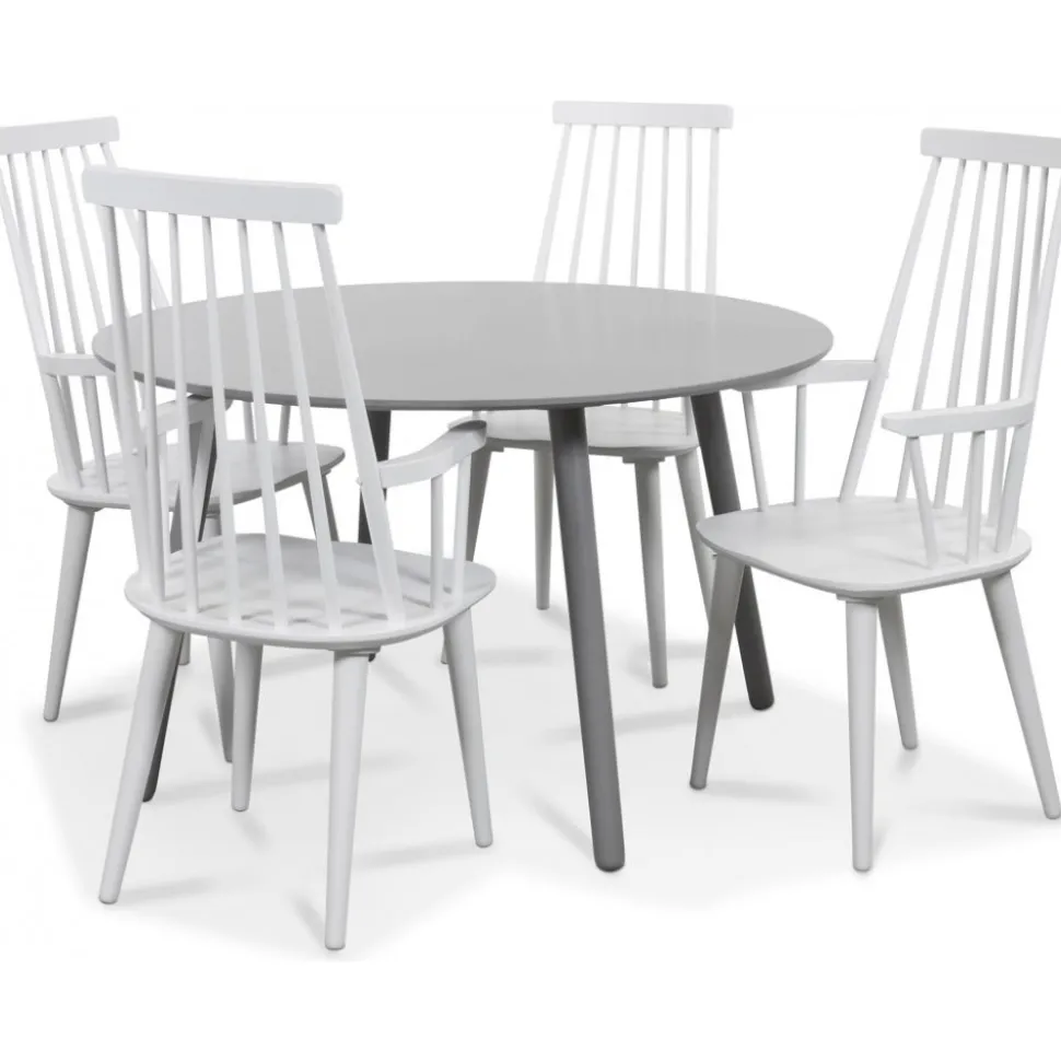 Rosvik matgrupp grått runt bord med 4 st vita Dalsland pinnstolar + 4.00 x Stolsdyna