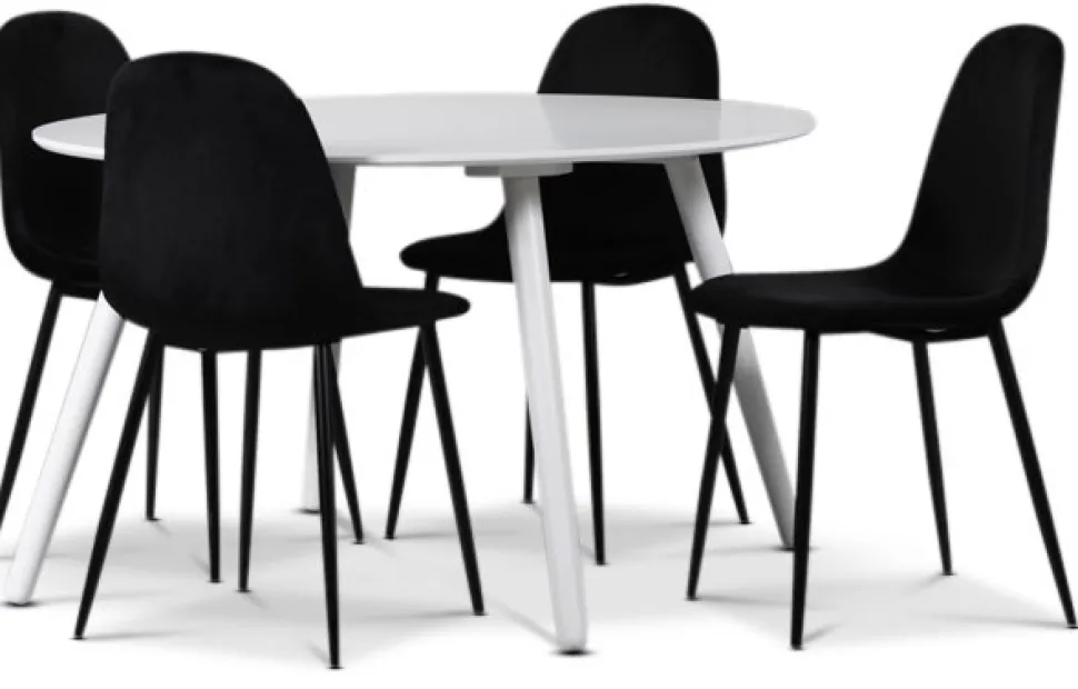 Rosvik matgrupp, matbord med 4 st Carisma sammetsstolar - Vit/Svart + 3.00 x Möbeltassar