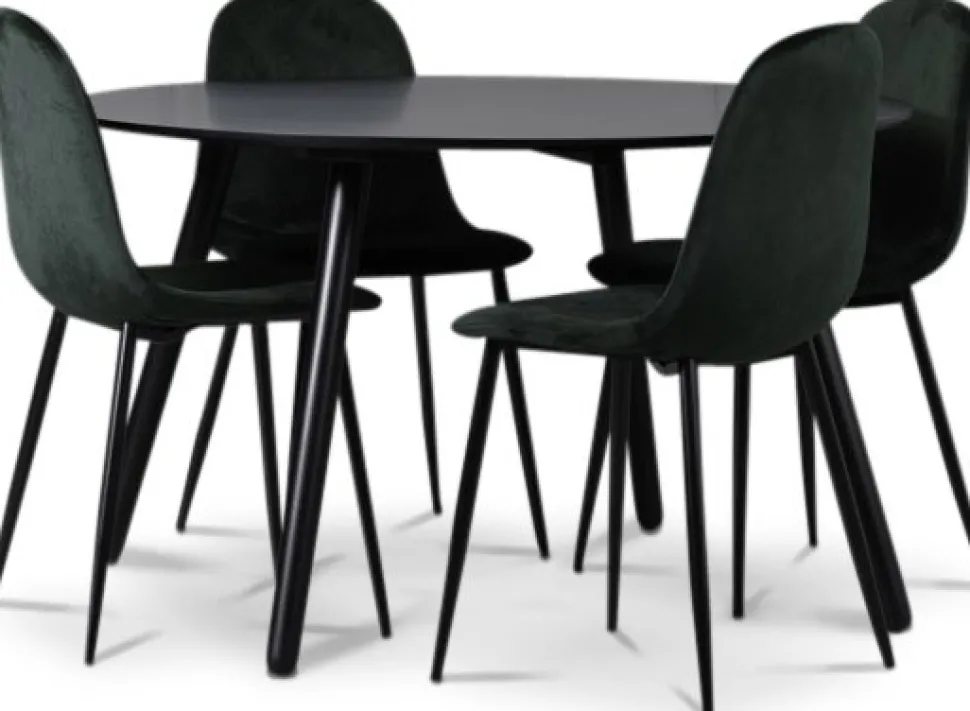 Rosvik matgrupp, matbord med 4 st Carisma sammetsstolar - Svart/Grön + 4.00 x Stolsdyna