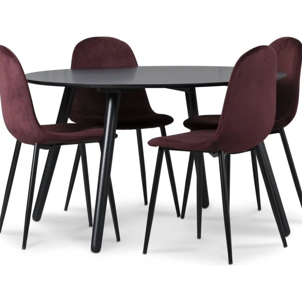 Rosvik matgrupp, matbord med 4 st Carisma sammetsstolar - Bordeaux/Svart + 4.00 x Stolsdyna