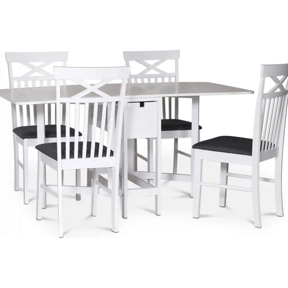 Sandhamn matgrupp; Klaffbord med 4 st Sofiero stolar med kryss i ryggen + 3.00 x Möbeltassar