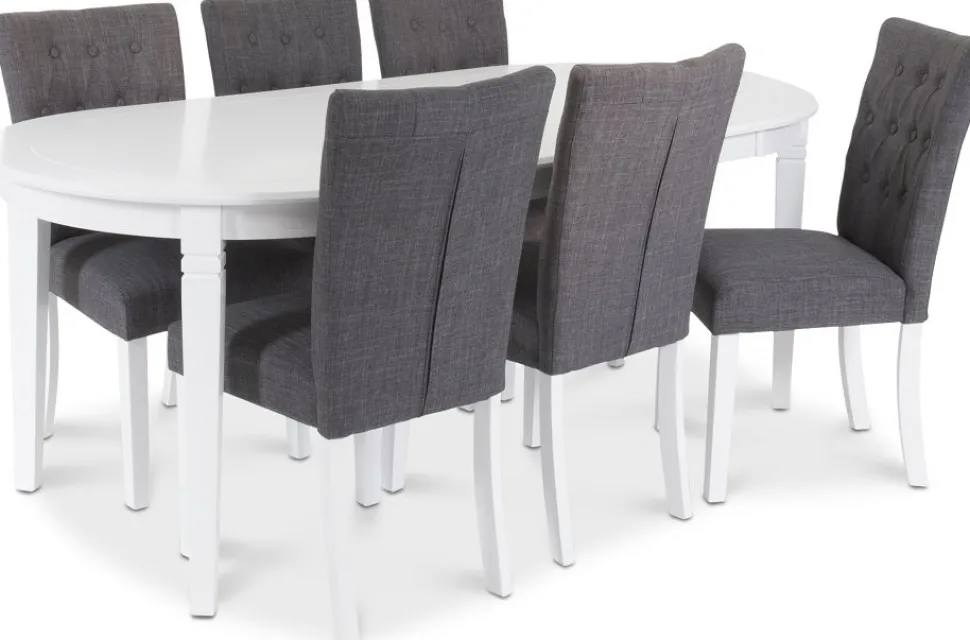 Sandhamn Matgrupp; Ovalt bord med 6 st Crocket stolar i Grått tyg + 6.00 x Stolsdyna