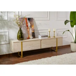 Serenity TV-bänk - Travertin/guld