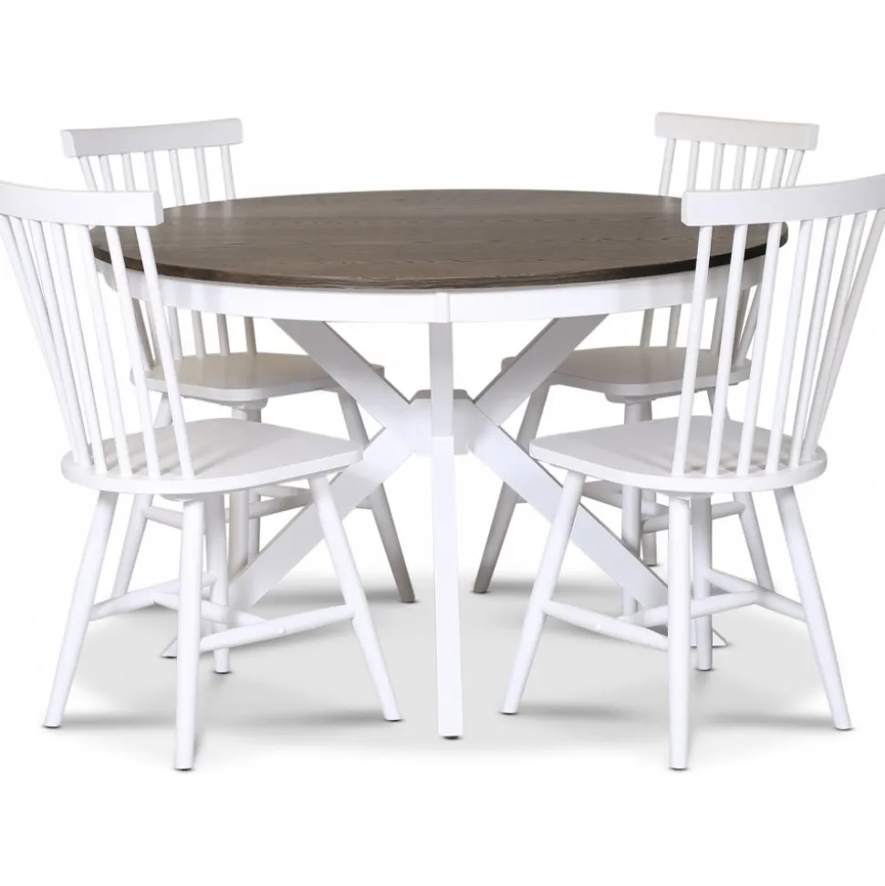 Skagen matgrupp; runt matbord Ø120 cm - Vit / brunoljad ek med 4 st vita Karl Pinnstolar