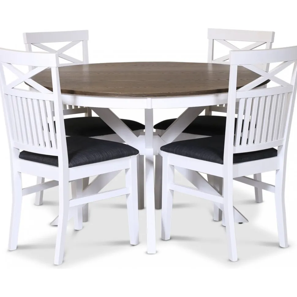 Skagen matgrupp; runt matbord Ø120 cm - Vit / brunoljad ek med 4 st Skagen stolar med grå sits + 4.00 x Stolsdyna