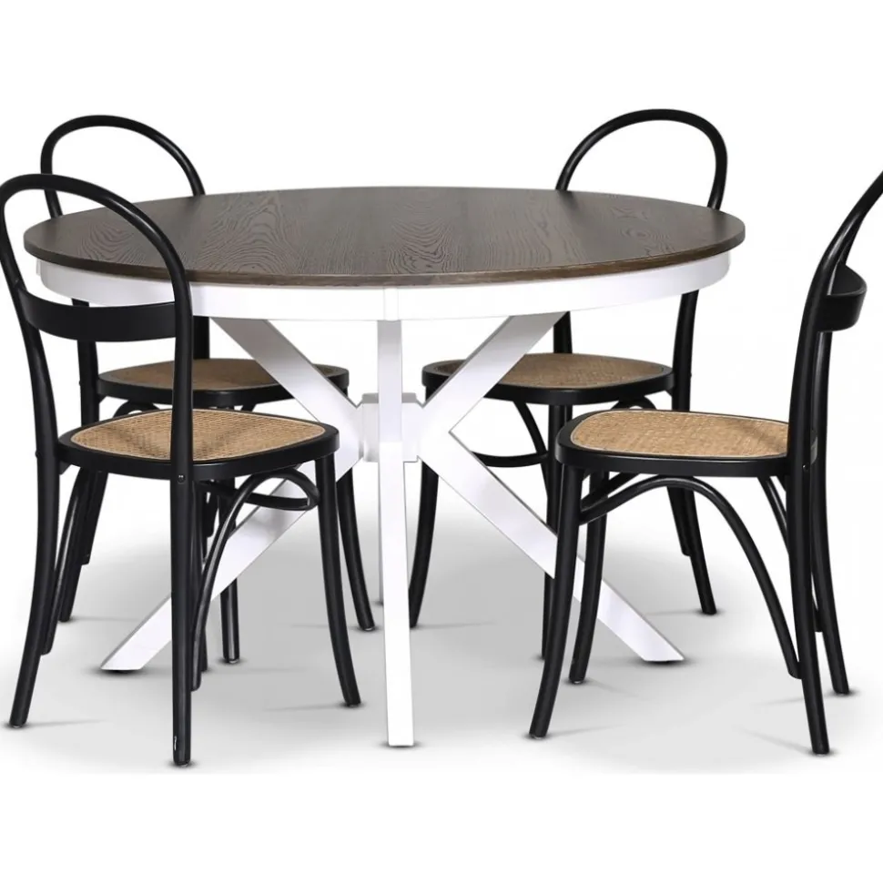 Skagen matgrupp; runt matbord 120 cm - Vit / brunbetsad ek med 4 st Danderyd No.16 stolar Svart + 4.00 x Stolsdyna