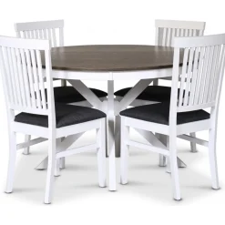 Skagen matgrupp; runt matbord Ø120 cm - Vit / brunoljad ek med 4 st Fårö stolar (Ribbor i ryggen) med grå tygsits + 3.00 x Möbeltassar