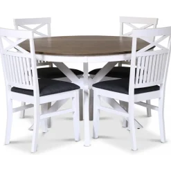 Skagen matgrupp; runt matbord Ø120 cm - Vit / brunoljad ek med 4 st Skagen stolar med grå sits