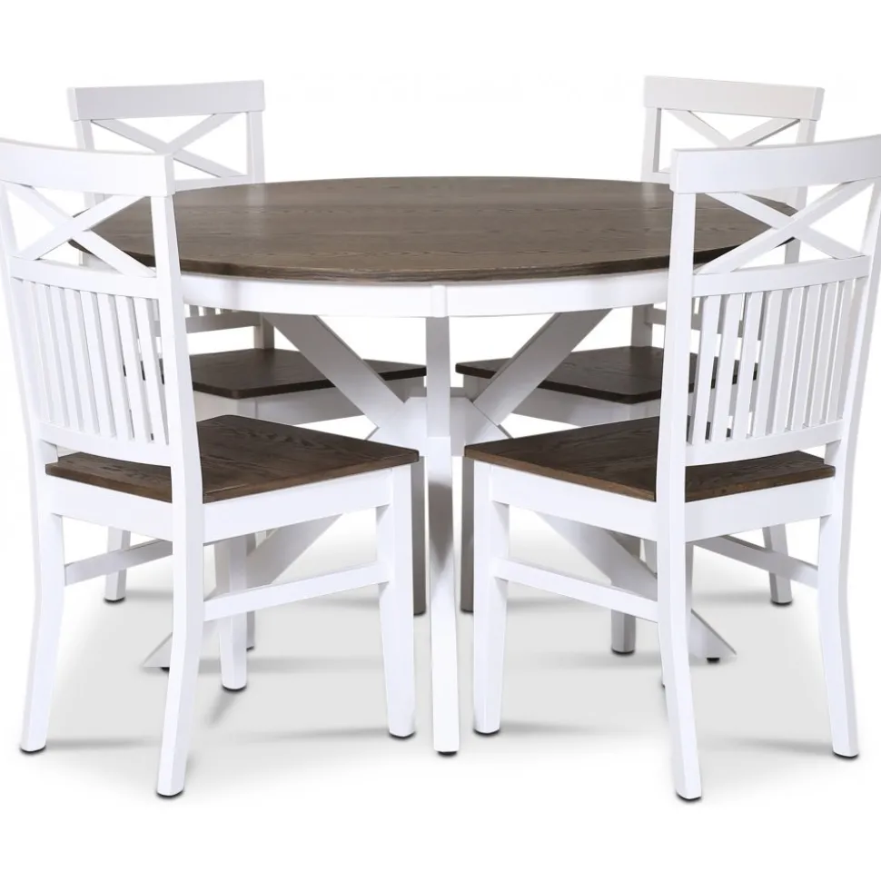 Skagen matgrupp; runt matbord Ø120 cm - Vit / brunoljad ek med 4 st Skagen stolar (Kryss i ryggen) med brunoljad eksits