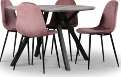 Smokey matgrupp, runt matbord med 4 st Carisma sammetsstolar - Korall + 4.00 x Stolsdyna