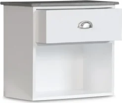 Sängbord Hugo vägghängt med 1 låda - Vit/Cement + Möbeltassar